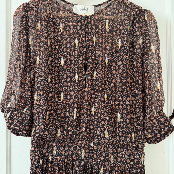 ba&sh Madrid Brown and Gold Silk Mini Dress Size 2 (US 6) Boho French Girl Flowy - Picture 2 of 12